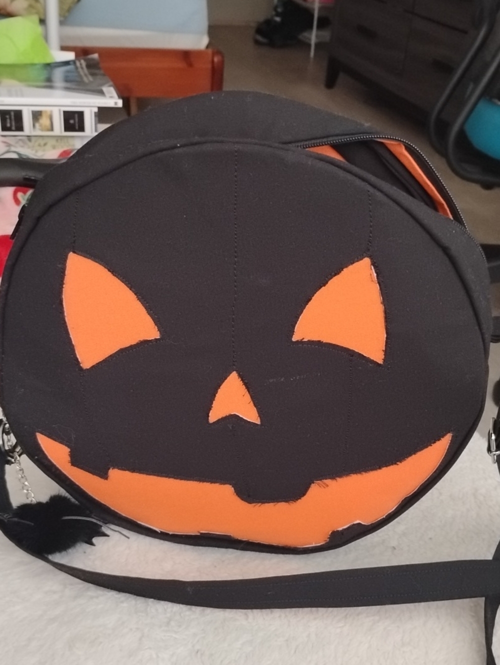 Gothic Handcrafted Limited Design Pumpkin Crossbody Bag With Bat Keychain.